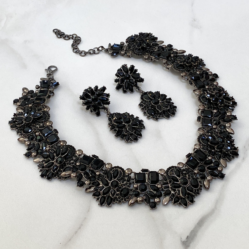Black Jewel Necklace Earring Set Statement Jewellery FREE