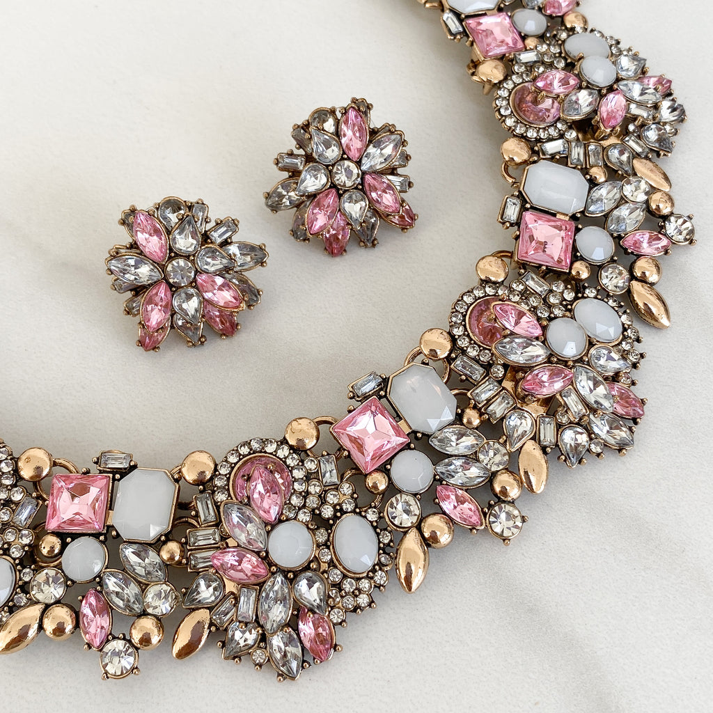 Pink & Gold Necklace & Earring Set | Statement Jewellery | FREE Gift Box
