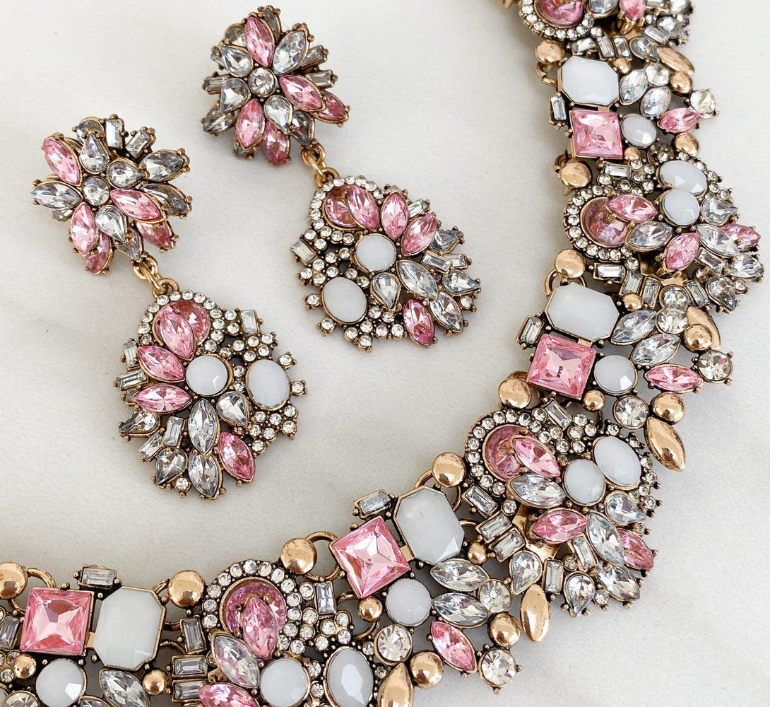 baby pink statement necklace and earrings jewellery set for women