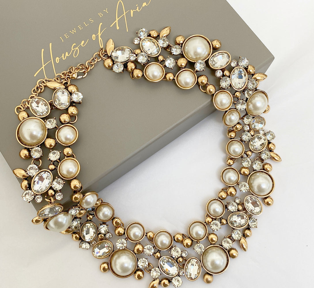 pearl and gold statement necklace. Statement jewellery and luxury gifts