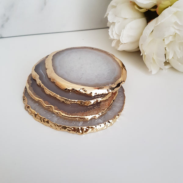 Natural White Agate Crystal Coasters with Gold Glided Edge