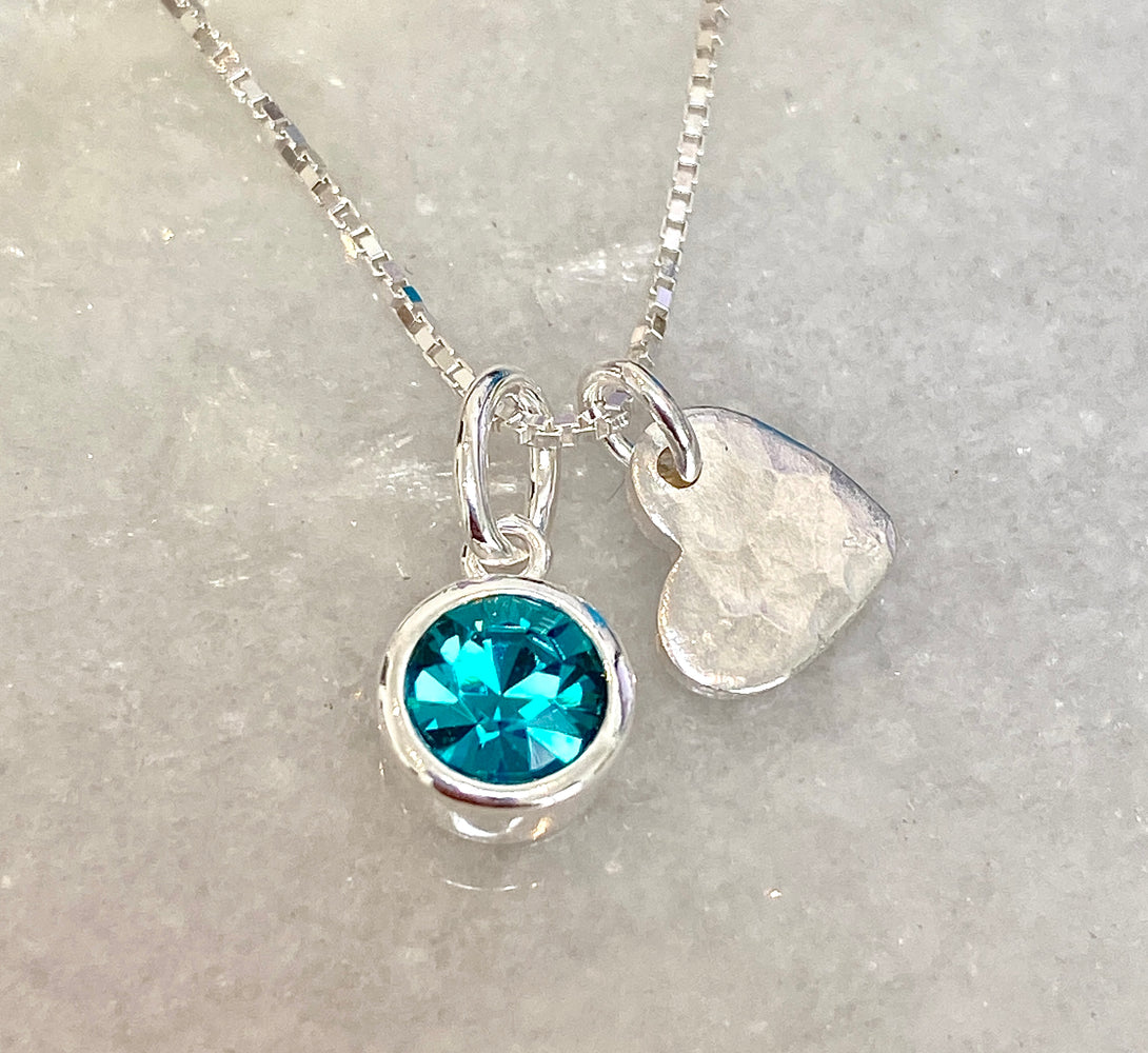 December birthstone charm with heart pendant necklace in sterling silver