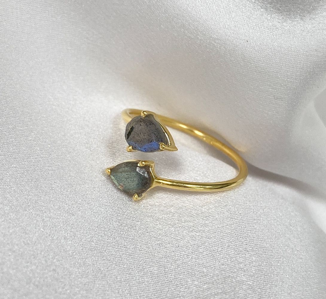 gold Plated Peardrop labradorite gemstone ring, adjustable to fit all sizes