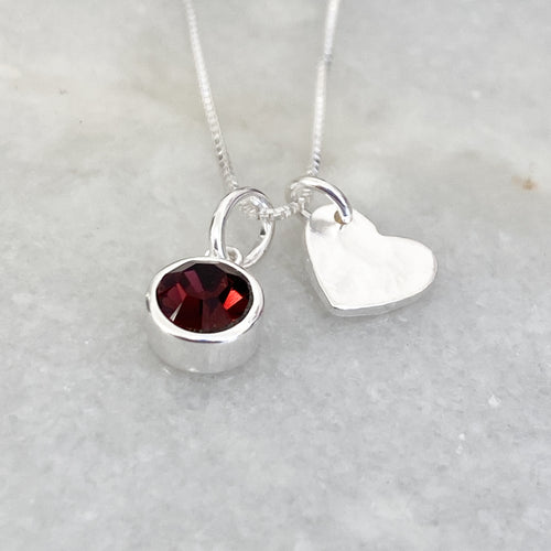 January birthstone charm with heart pendant necklace in sterling silver