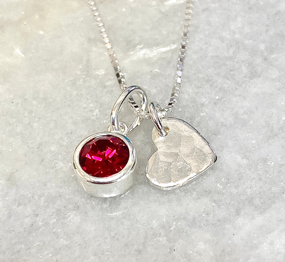 July birthstone charm with heart pendant necklace in sterling silver