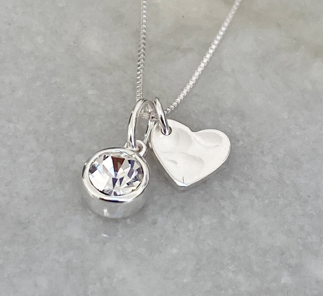 April birthstone charm with heart pendant necklace in sterling silver