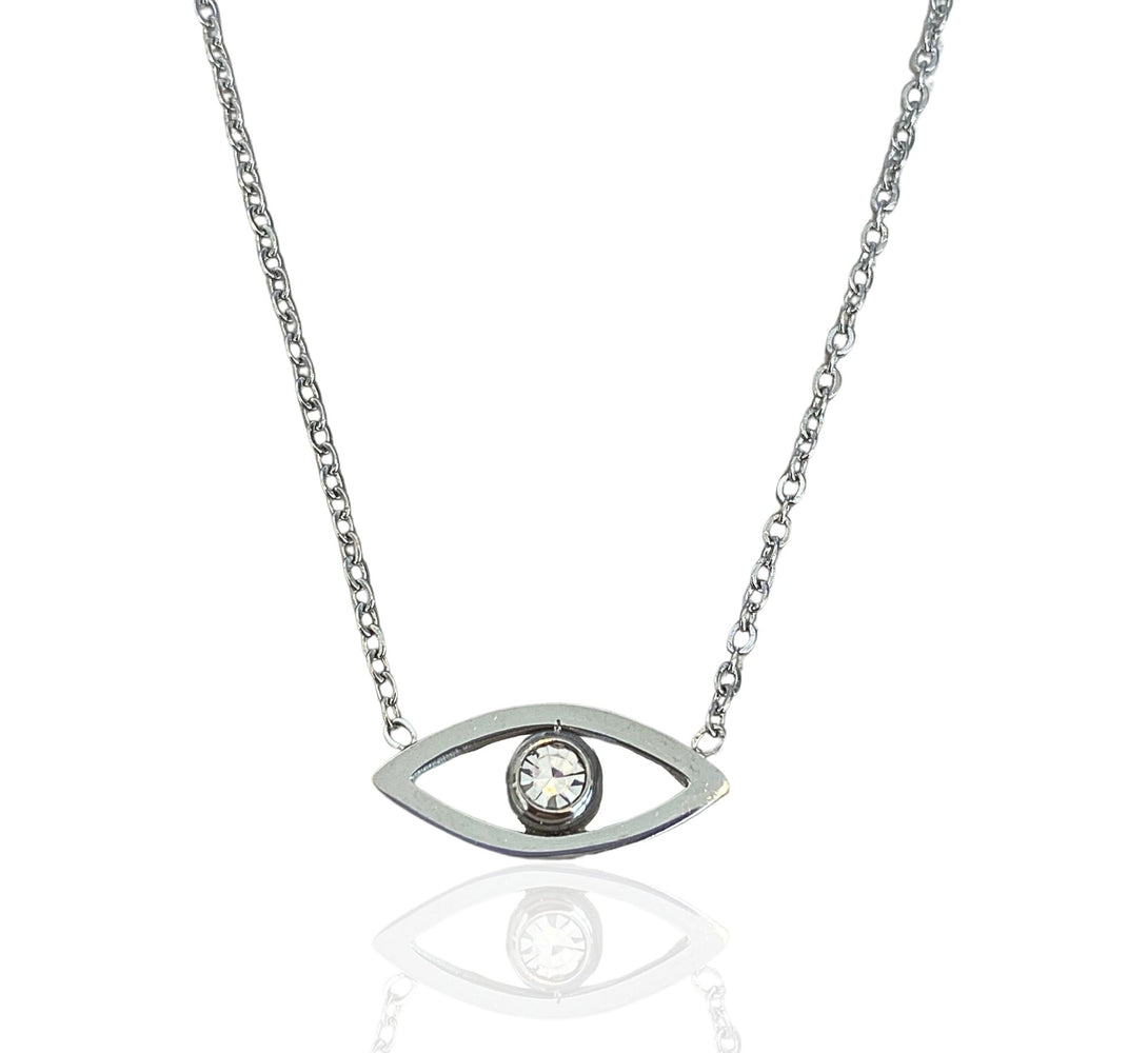 Silver evil eye pendant necklace, worn to protect you from negative energy and the evil eye. Stainless steel and waterproof