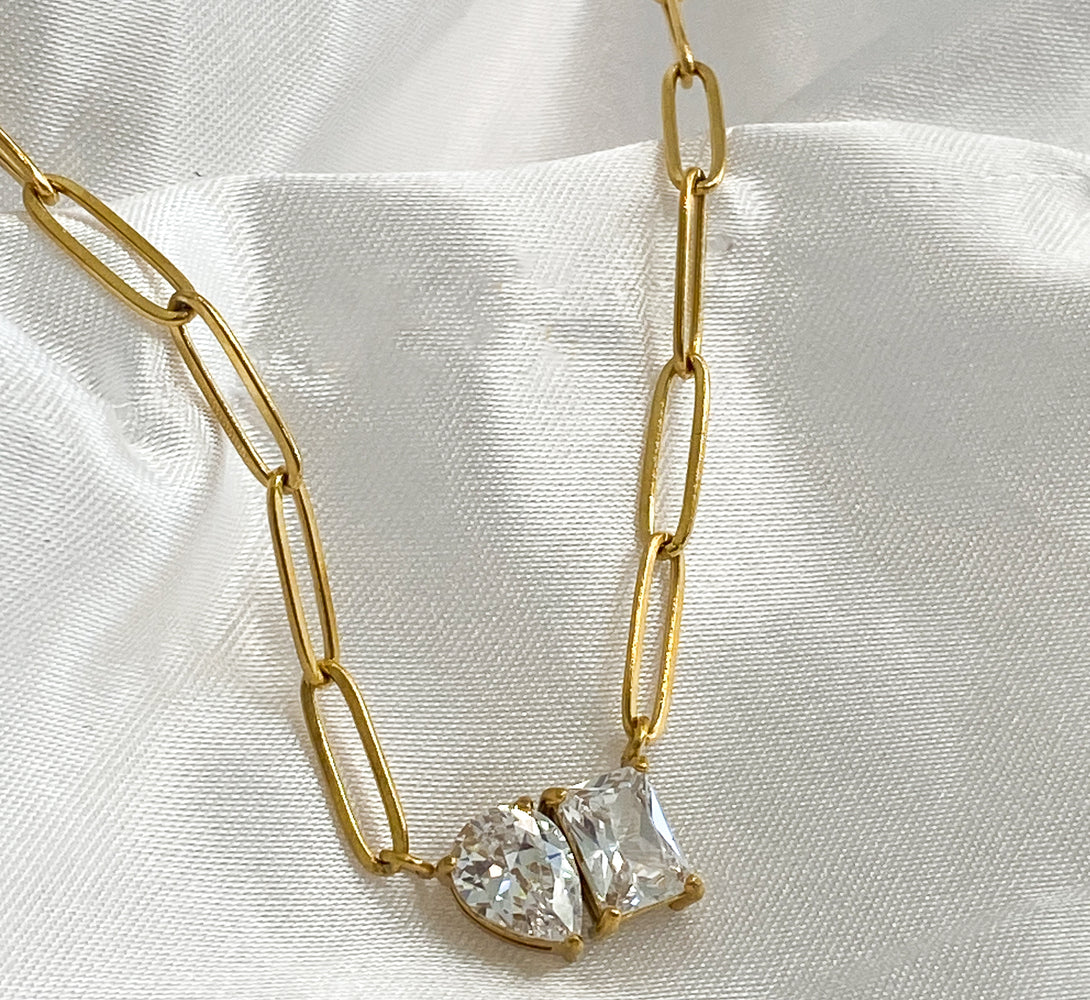 Teardrop crystal pendant gold necklace
