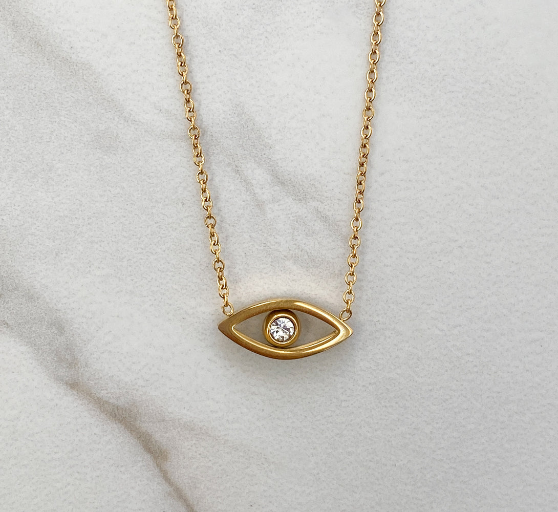 Gold Stainless steel evil eye necklace with crystal centre, known to protect you from the evil eye and negative thoughts