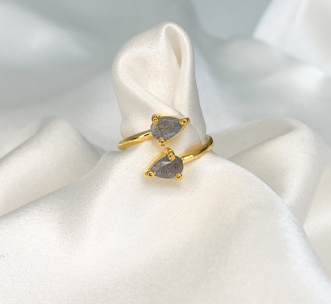 Gold Labradorite Gemstone Pear drop Ring