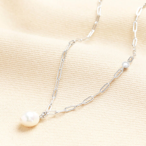 Silver paperclip chain necklace with a pearl pendant and crystal drop. Perfect for jewellery gifts