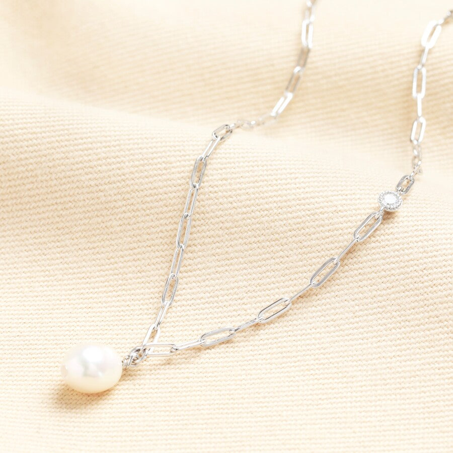 Silver paperclip chain necklace with a pearl pendant and crystal drop. Perfect for jewellery gifts