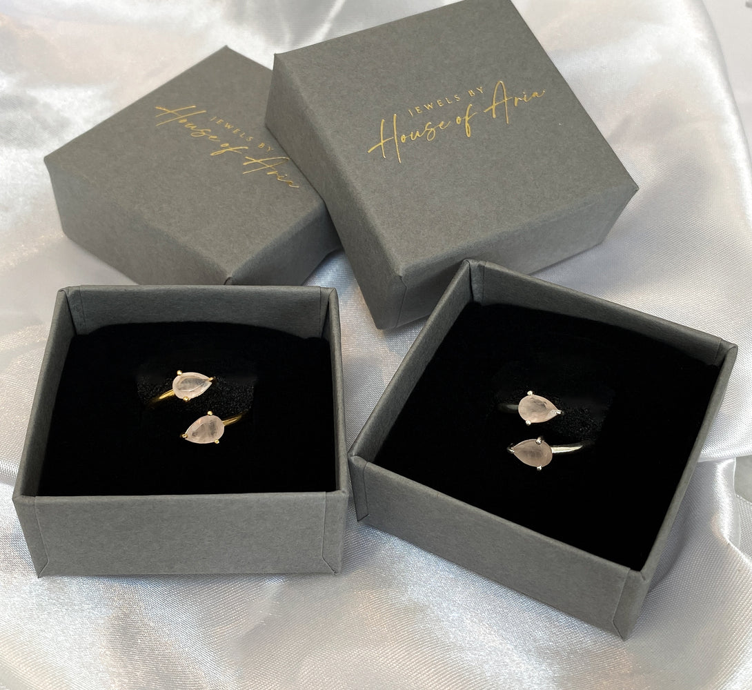 Tear drop gemstone crystal rings, adjustable to fit all sizes. Arrives in gift box