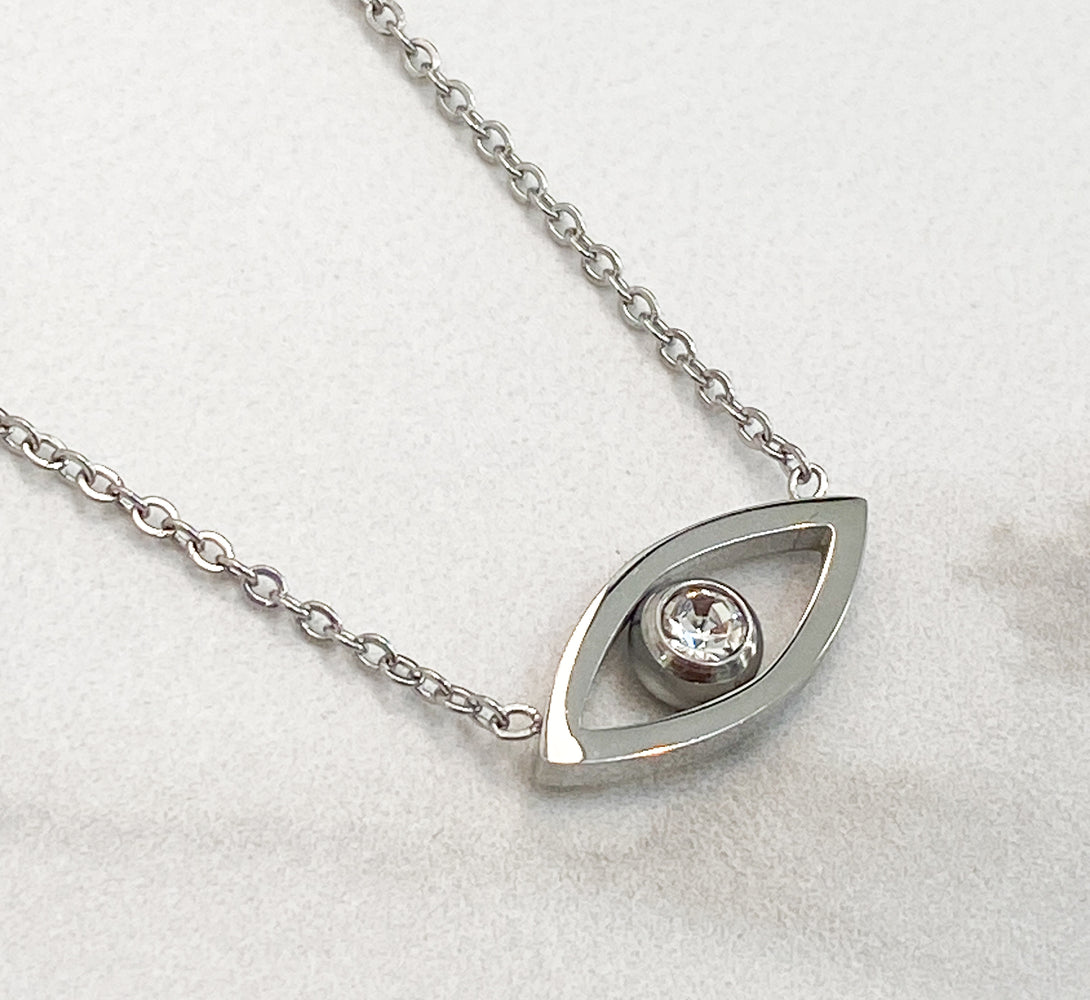 Womens silver evil eye necklace, made from stainless steel with zirconia crystal. Evil eye is a talisman protection symbol