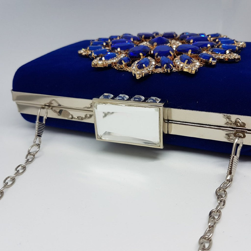 Royal blue womens clutch bag with rhinestone embellished clasp