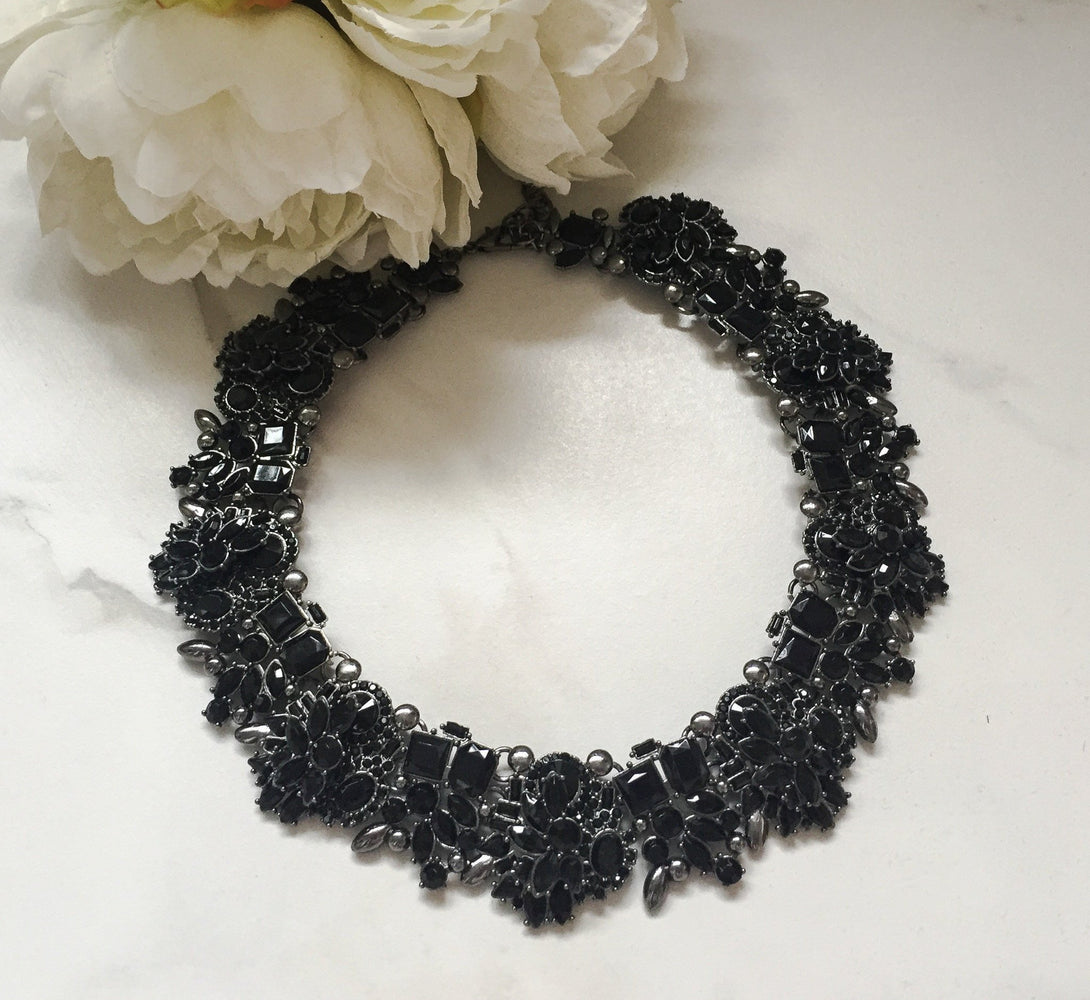 black statement necklace with rhinestones and jewels