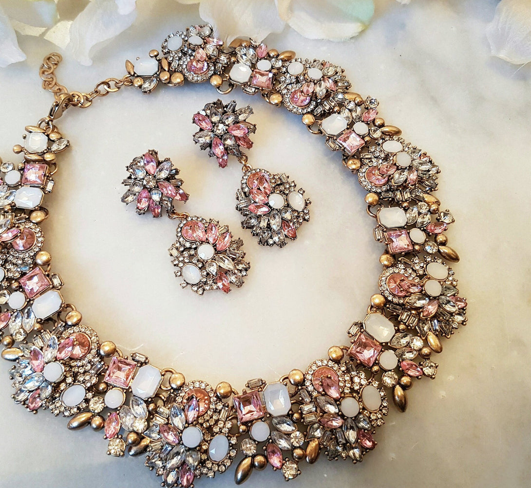 pink rhinestone necklace and earring set