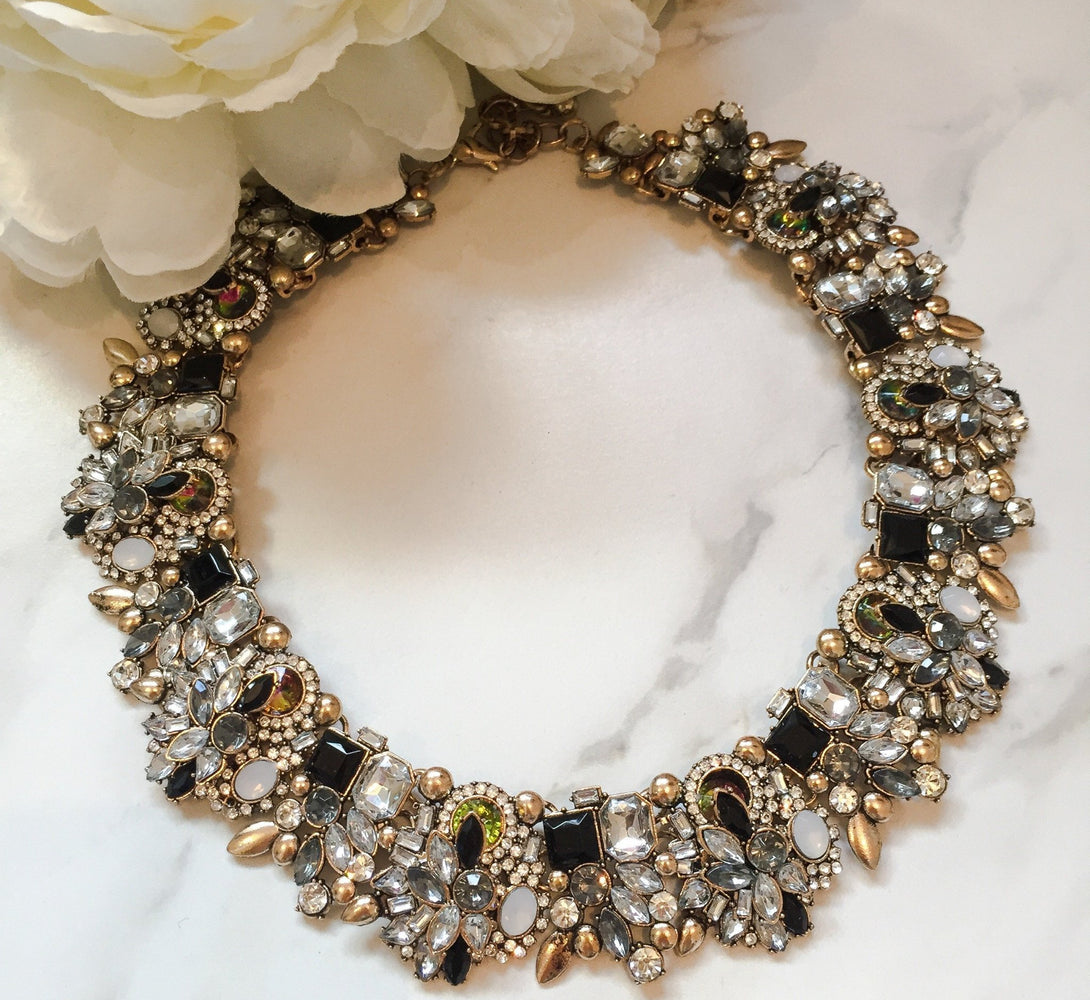 black and gold luxury rhinestone statement necklace
