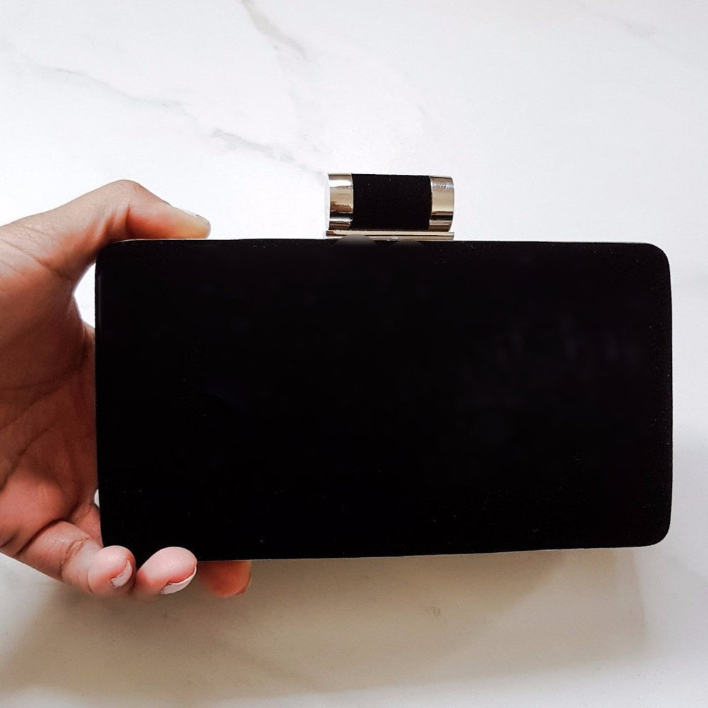 womens black suede & velvet clutch bag for evening wear