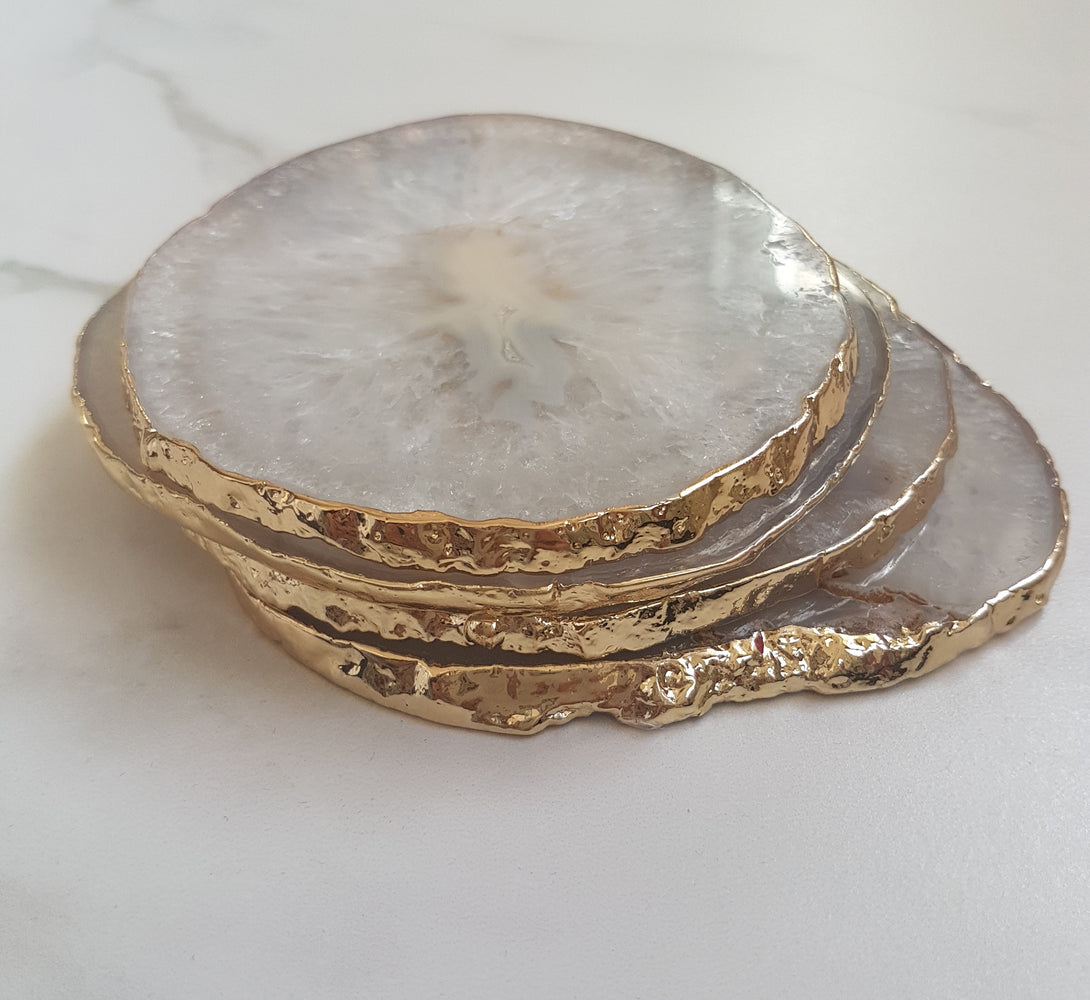 natural white agate crystal coasters with gold glided edge, perfect house warming gift