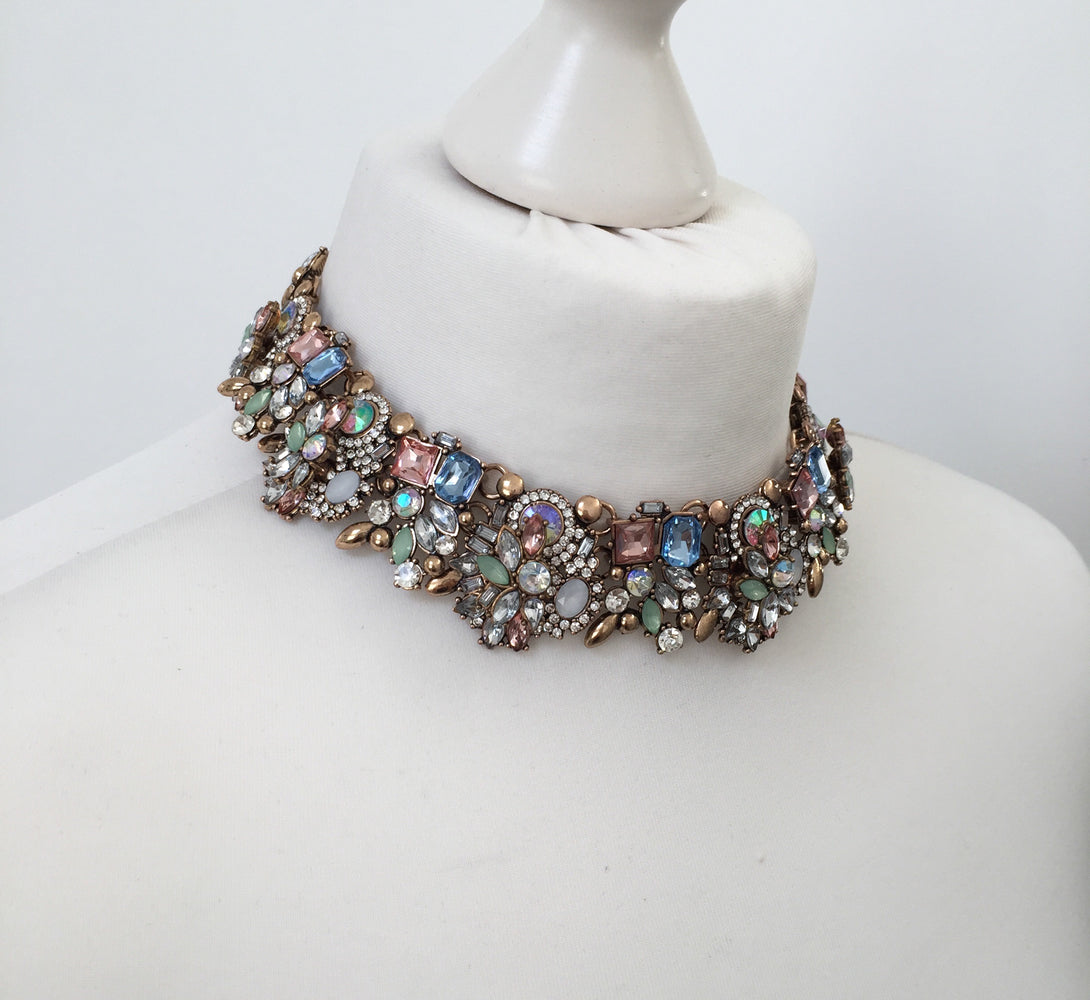 rhinestone choker necklace with mint green and gold jewels. Perfect as a gift for her or for a special occasion.