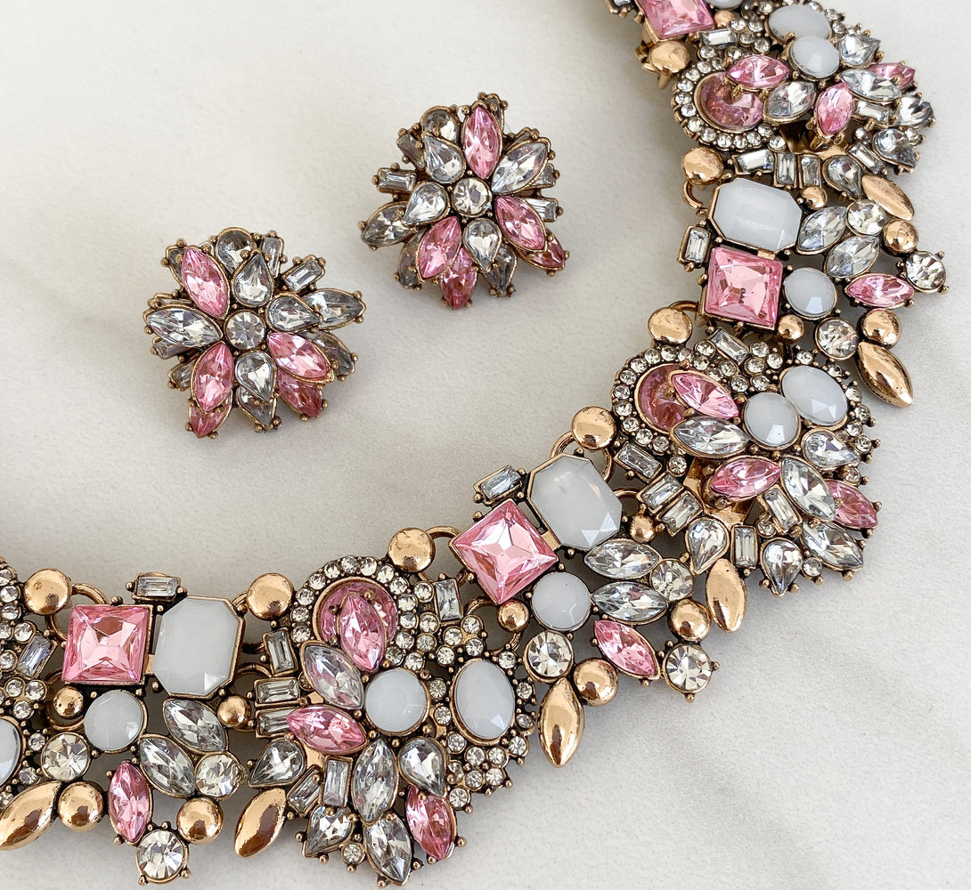pink rhinestone earring and necklace set