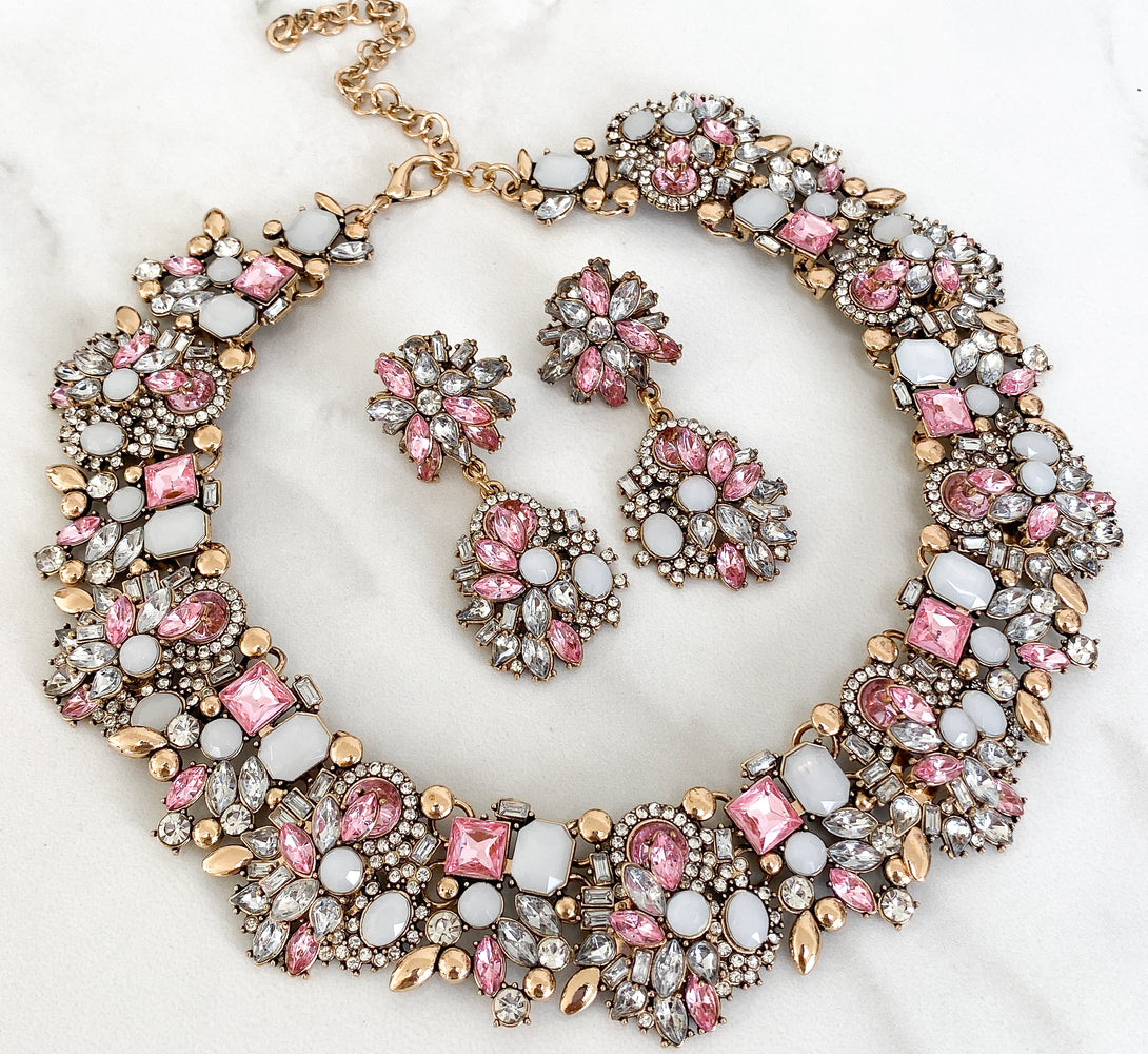 pink jewel statement jewellery necklace and earring set for her
