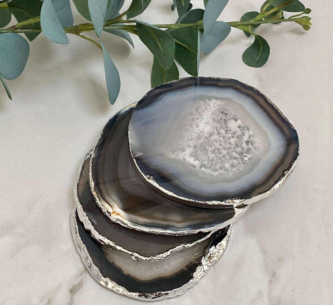 Black Agate Crystal Coasters with Silver Plated Edge