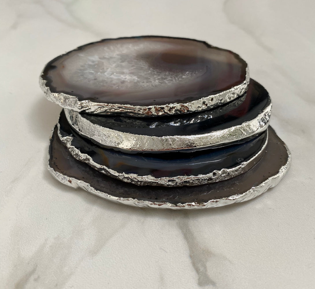 Black Agate Crystal Coasters with Silver Plated Edge