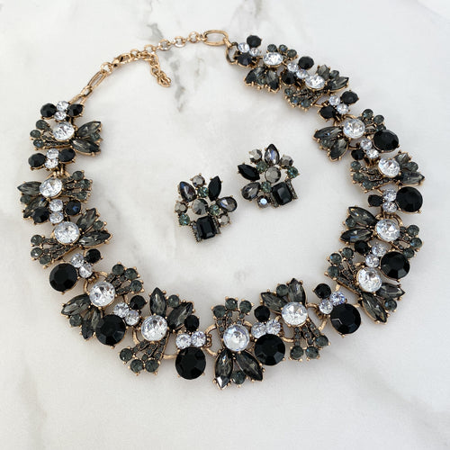 Black gold rhinestone necklace set 