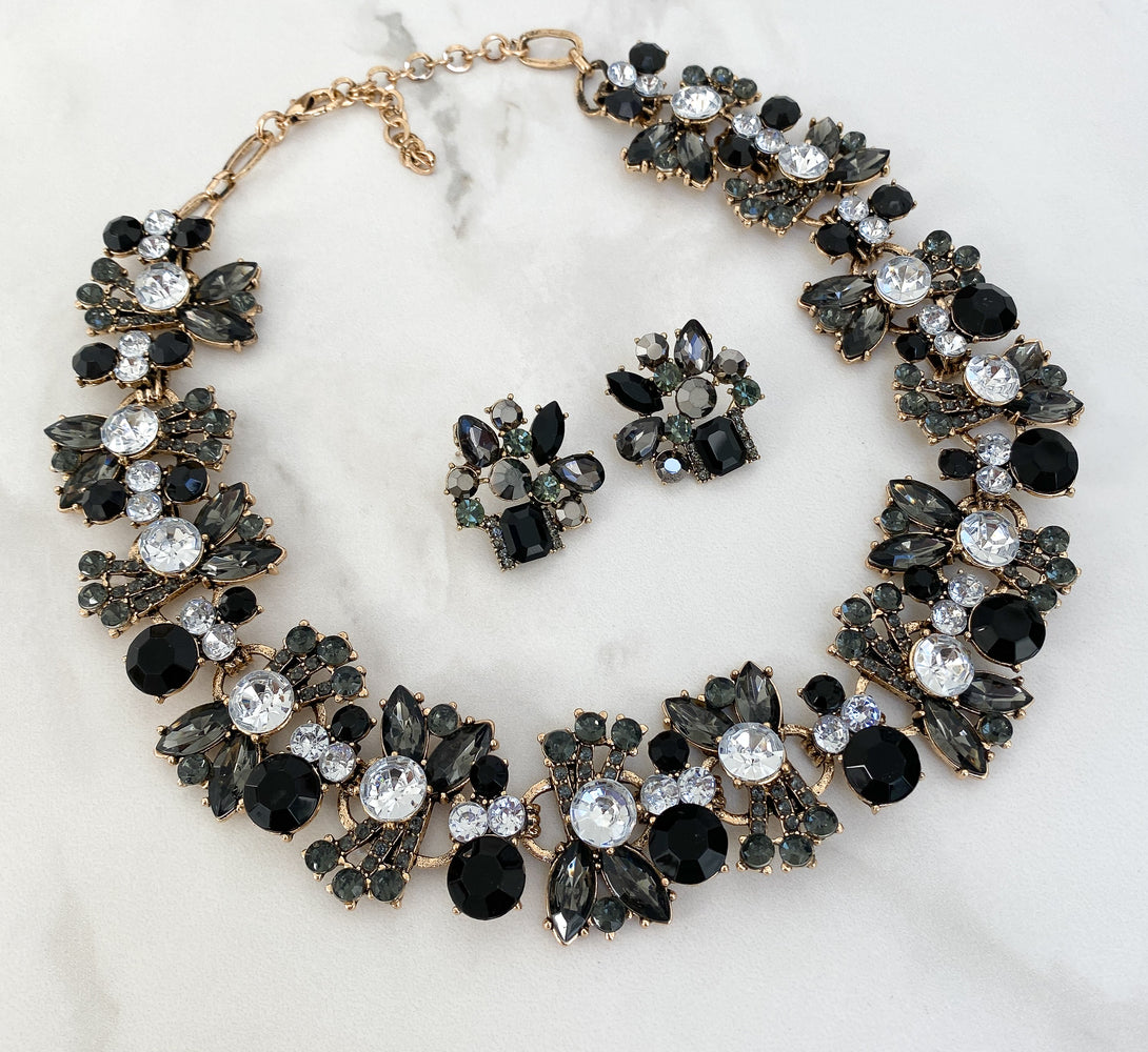 Black gold rhinestone necklace set 
