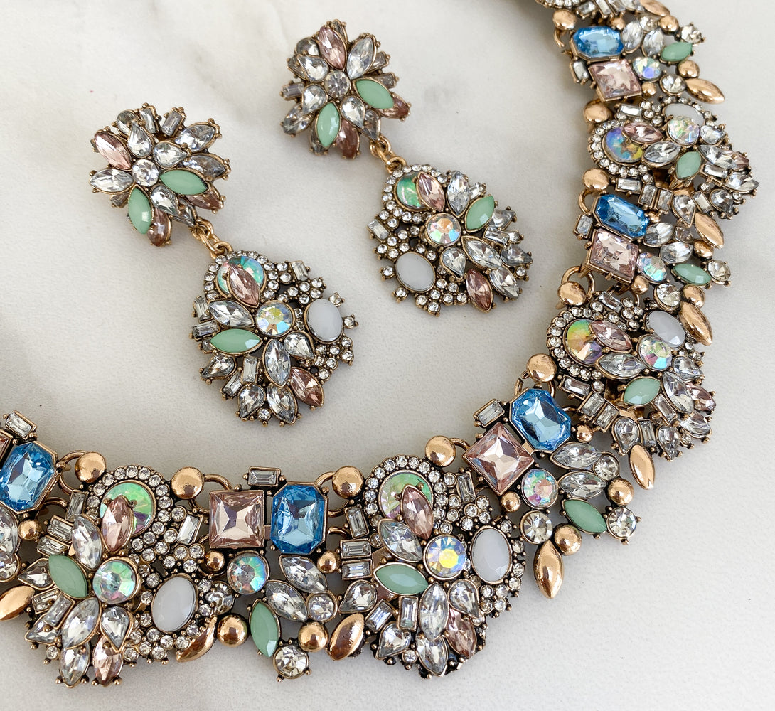 pastel green and blue rhinestone necklace jewellery set