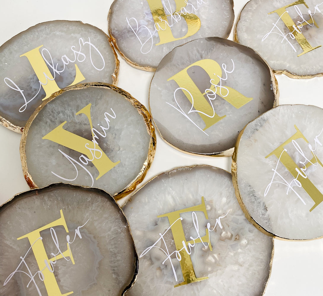 Personalised Agate Crystal Coasters with Gold Edge