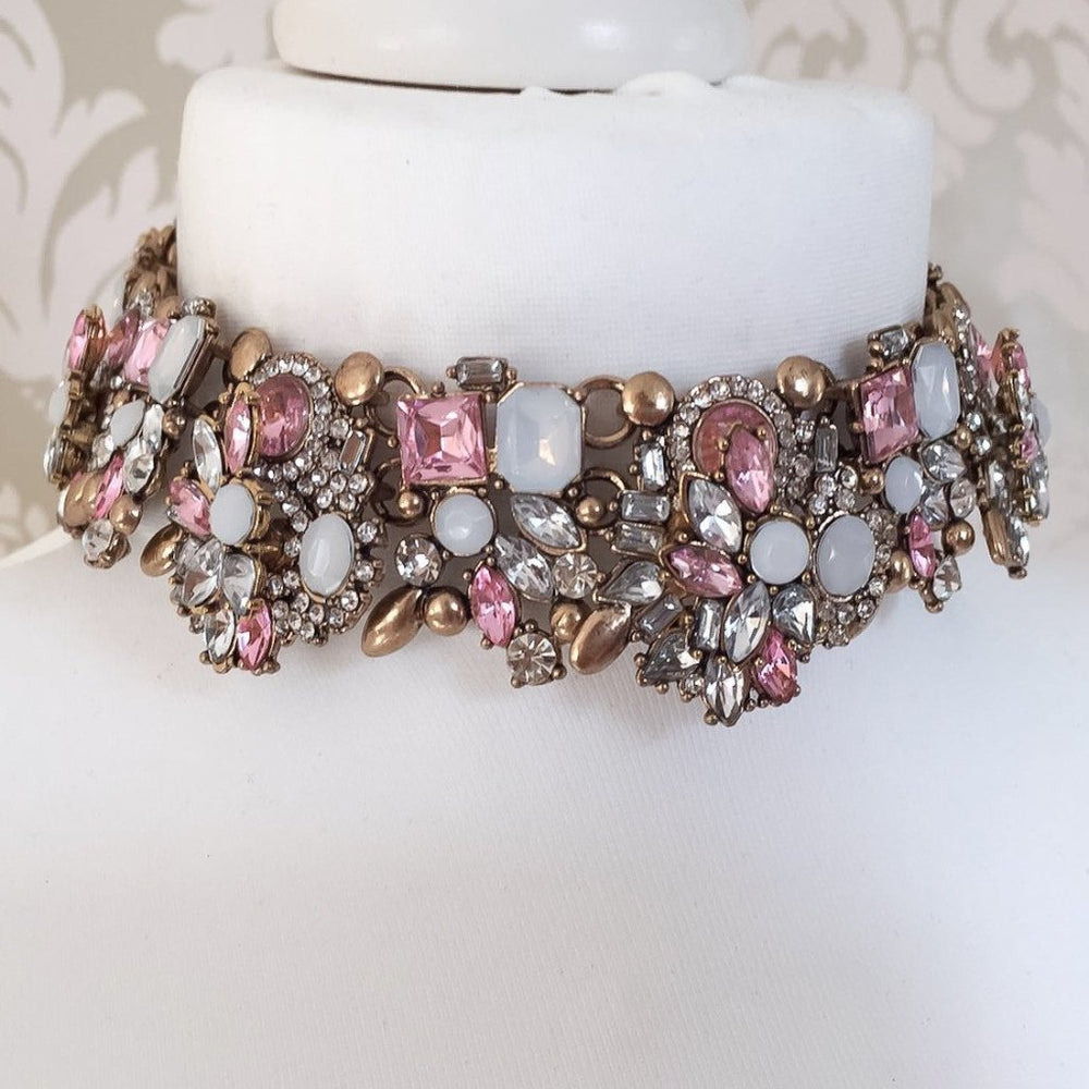 gold and pink jewel choker necklace for her. Arrives in gift box 