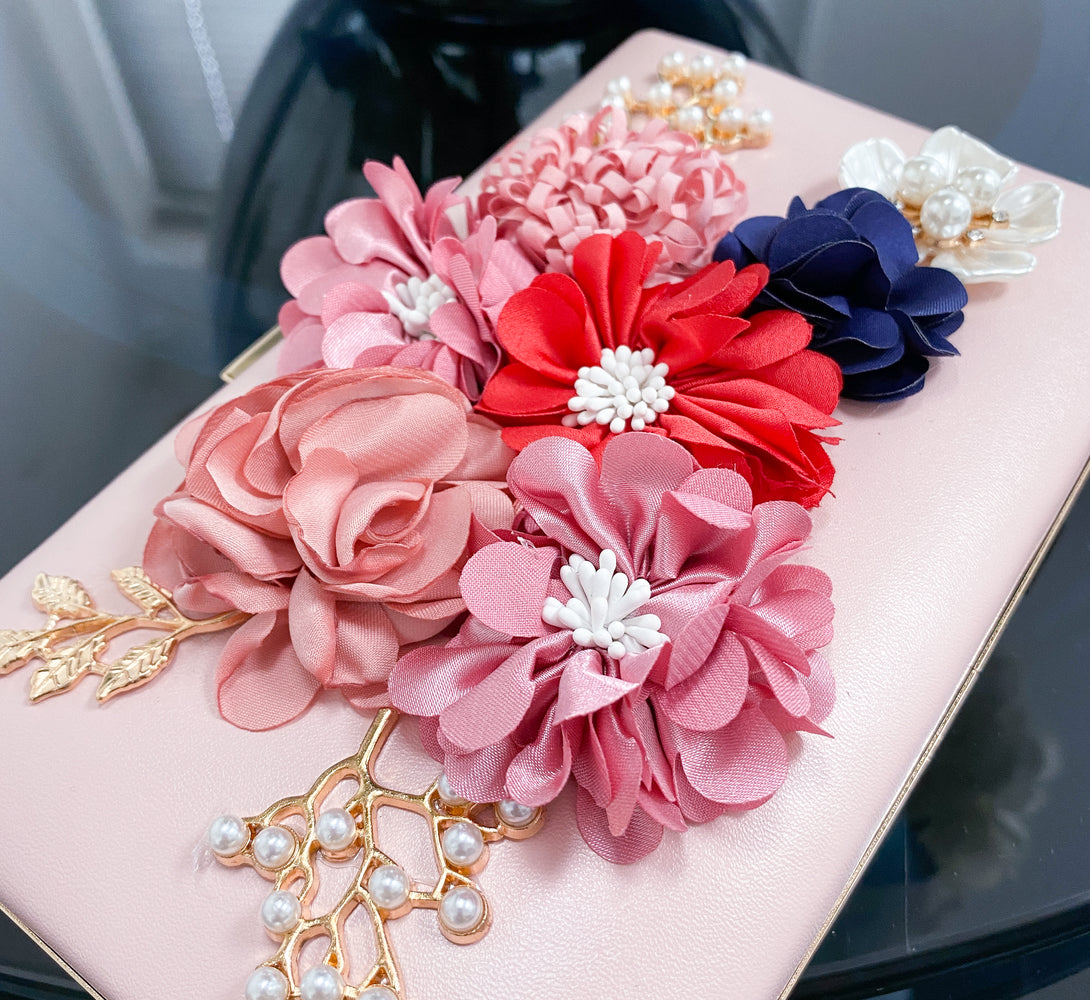 LOLA Pink Flower & Pearl Clutch Bag