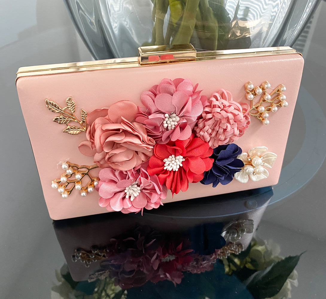 LOLA Pink Flower & Pearl Clutch Bag