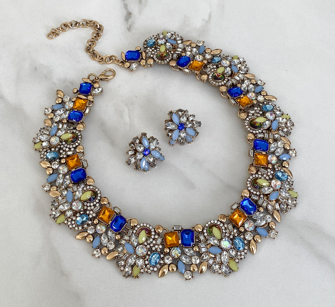 multicoloured royal blue necklace and earring jewellery set for women