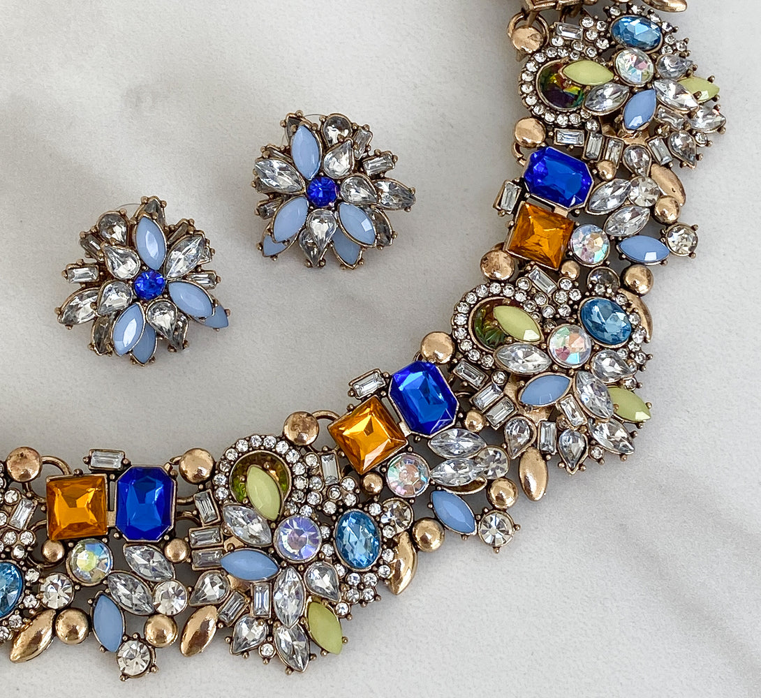 blue and amber rhinestone jewellery set for women 
