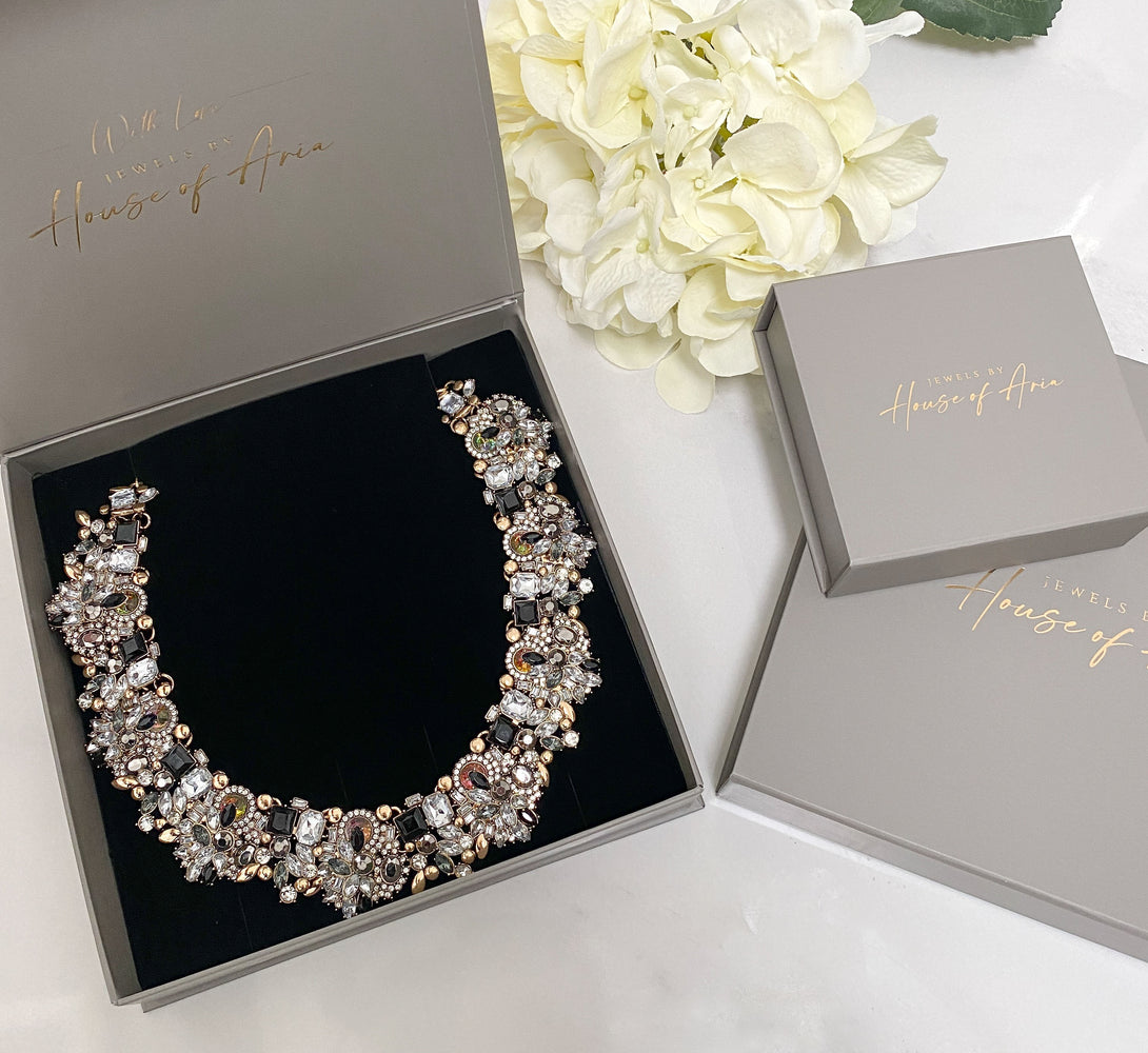 black and gold rhinestone statement necklace in luxury gift box for her