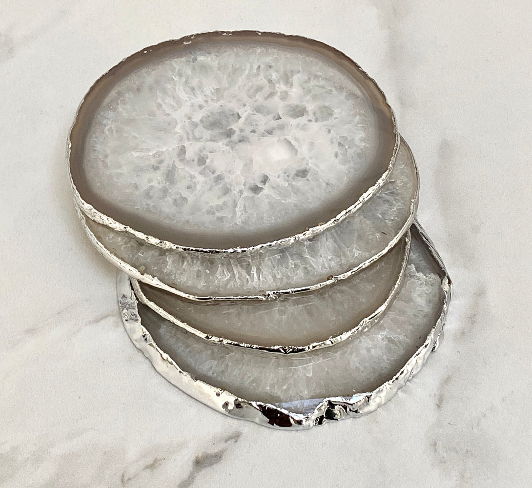 Natural White Agate Crystal Coasters with Silver Plated Edge