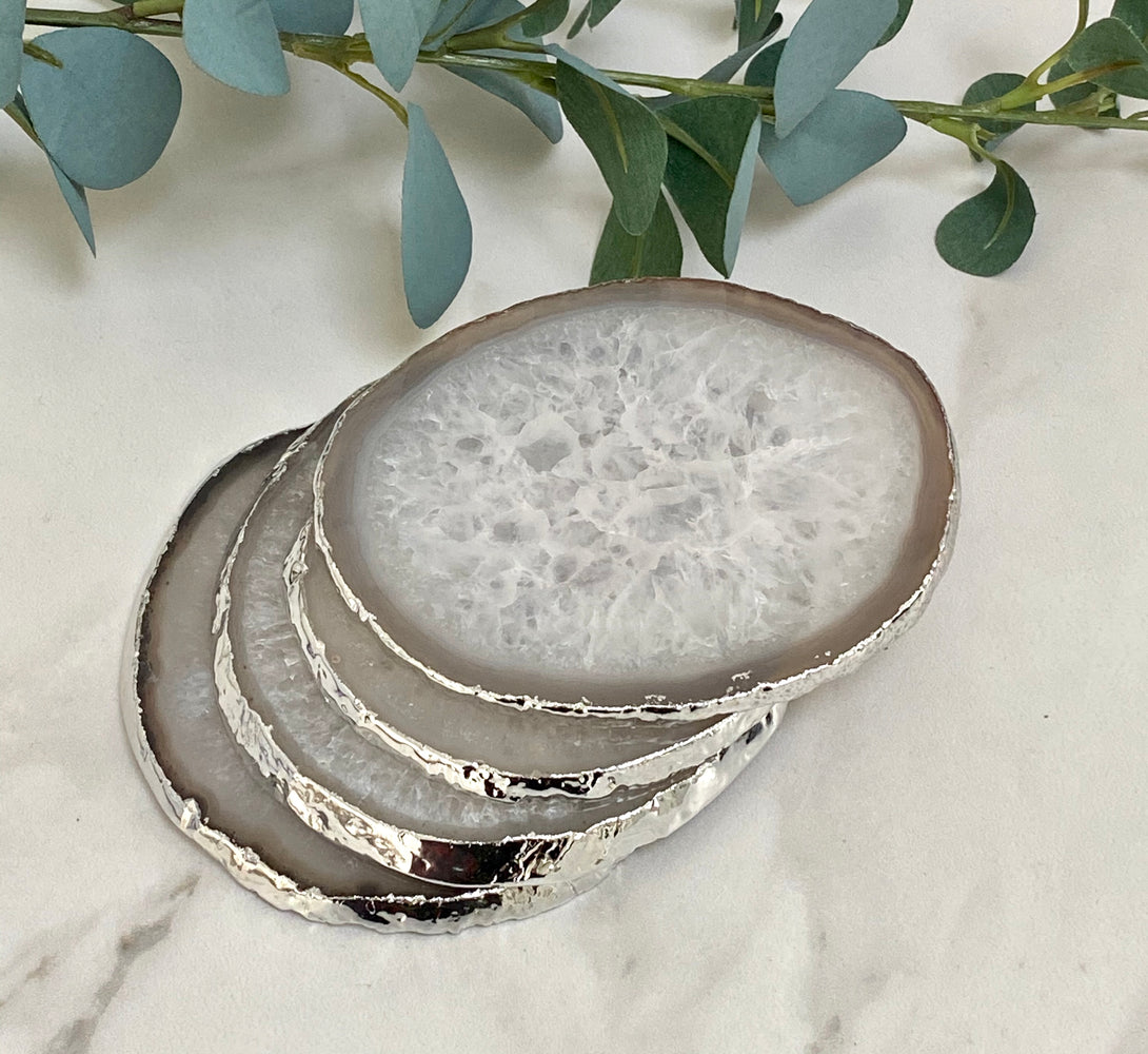 Natural White Agate Crystal Coasters with Silver Plated Edge