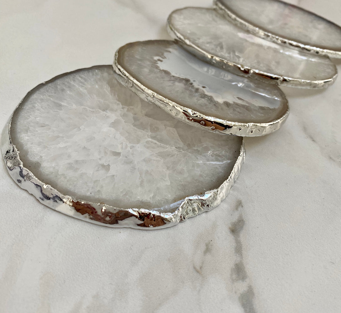 Natural White Agate Crystal Coasters with Silver Plated Edge
