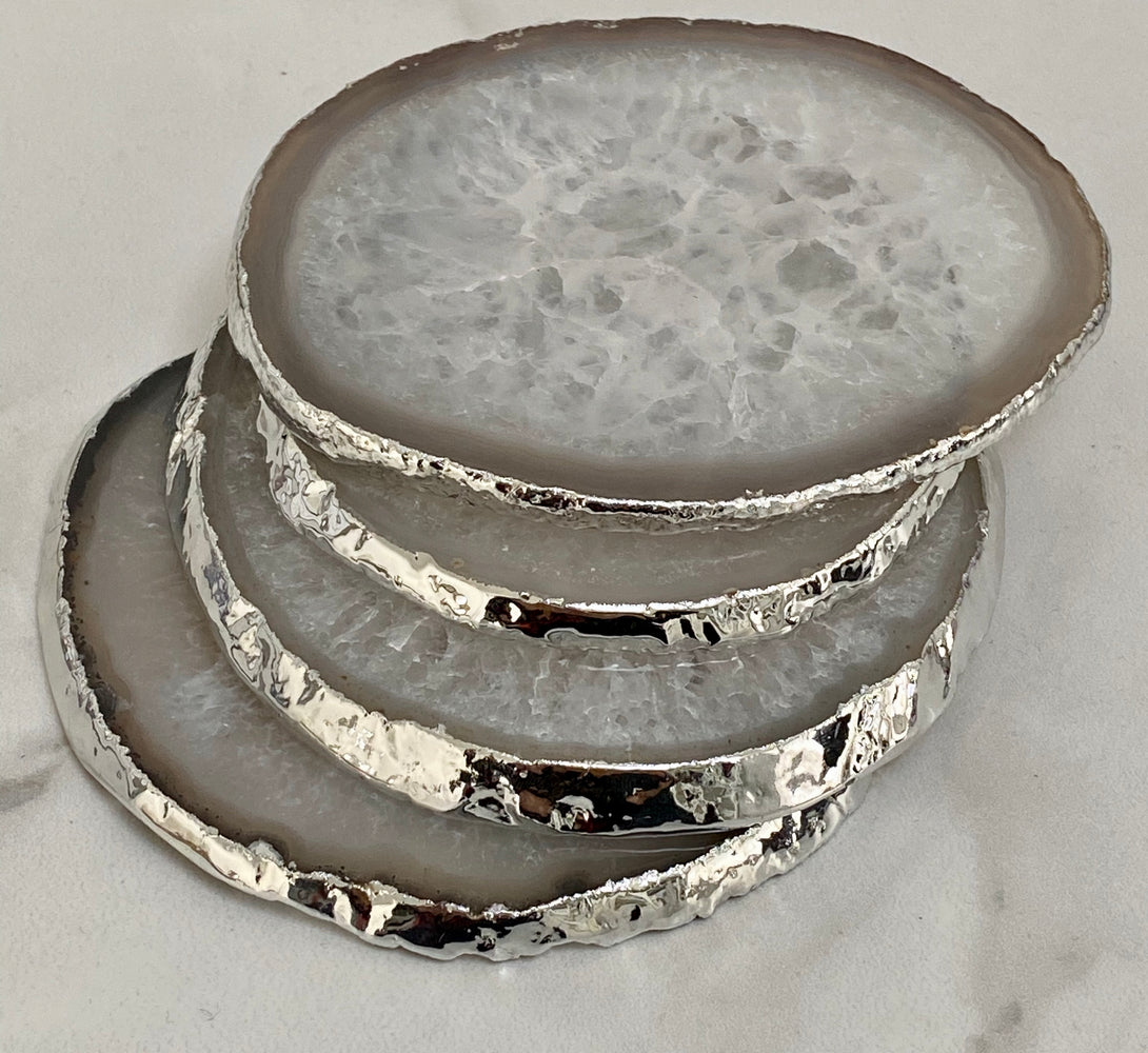 Natural White Agate Crystal Coasters with Silver Plated Edge