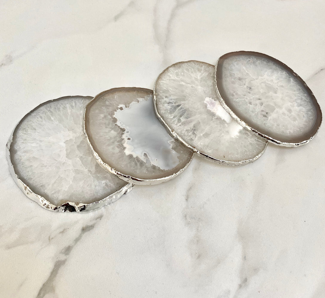 Natural White Agate Crystal Coasters with Silver Plated Edge