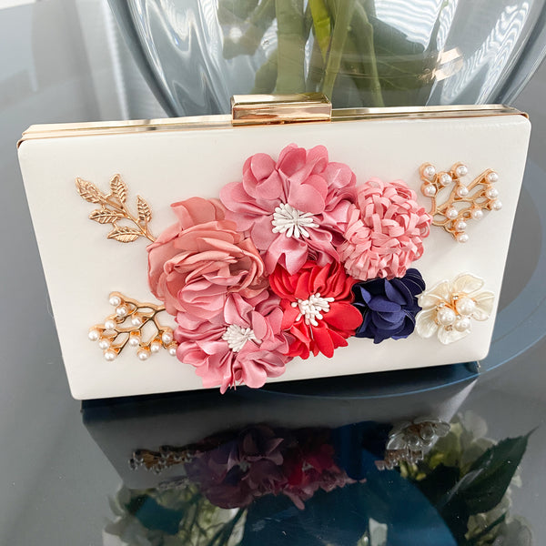 LOLA Pink / White Flower & Pearl Clutch Bag