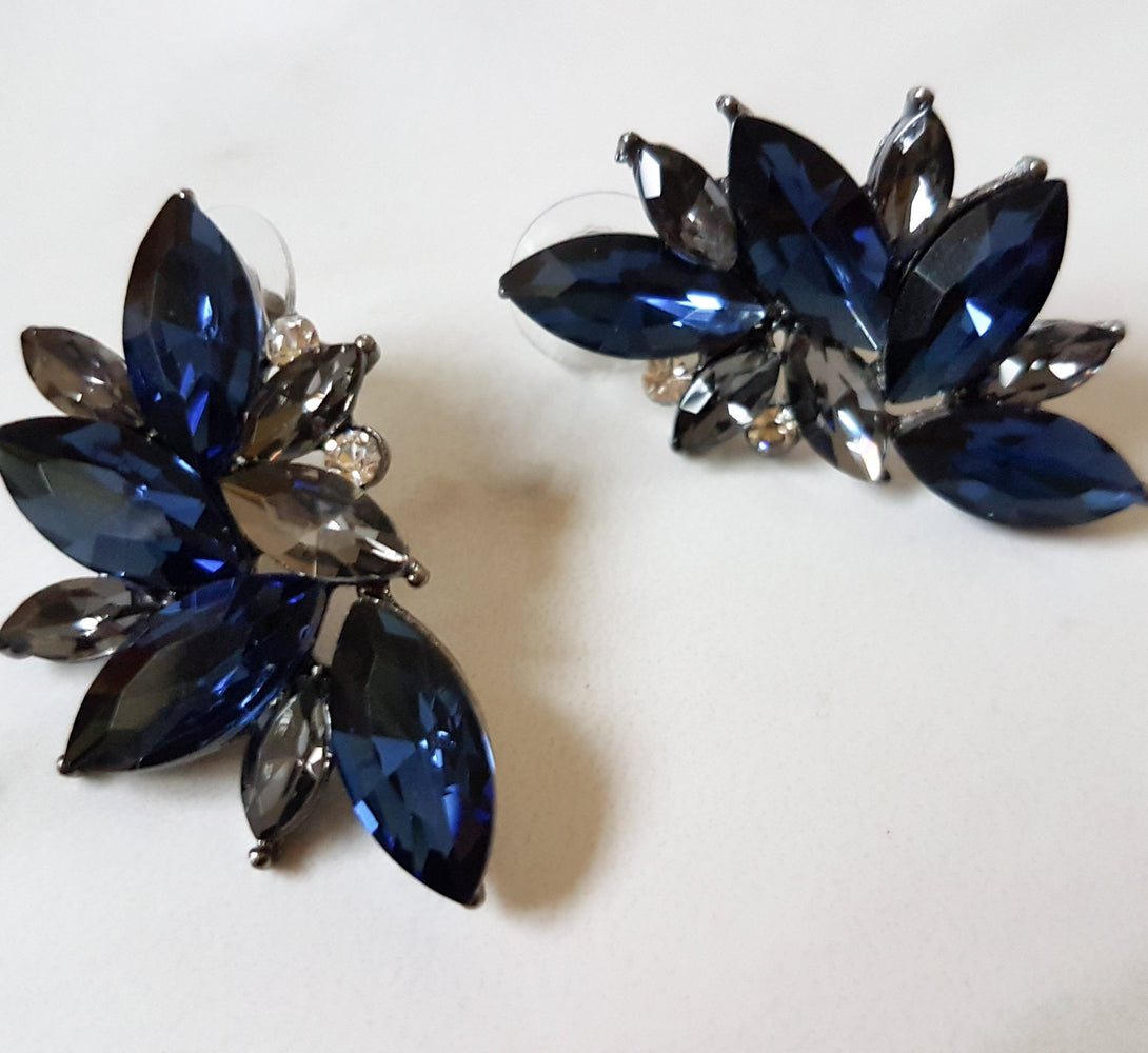 ADE Blue / Black Rhinestone Petal Earrings