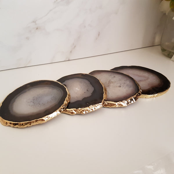 Black Agate Crystal Coasters with Gold Glided Edge