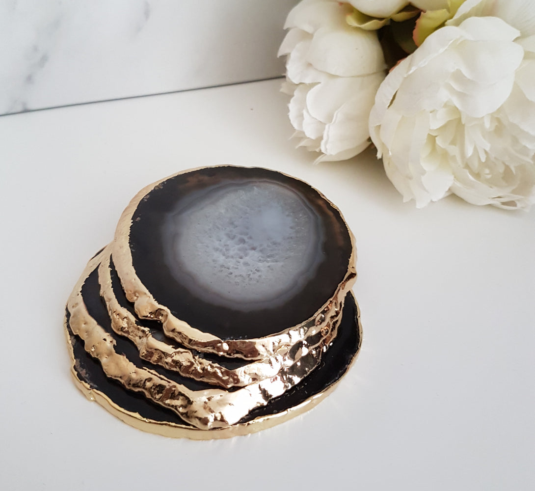 black agate crystal coasters with gold plated edge, perfect housewarming gift idea