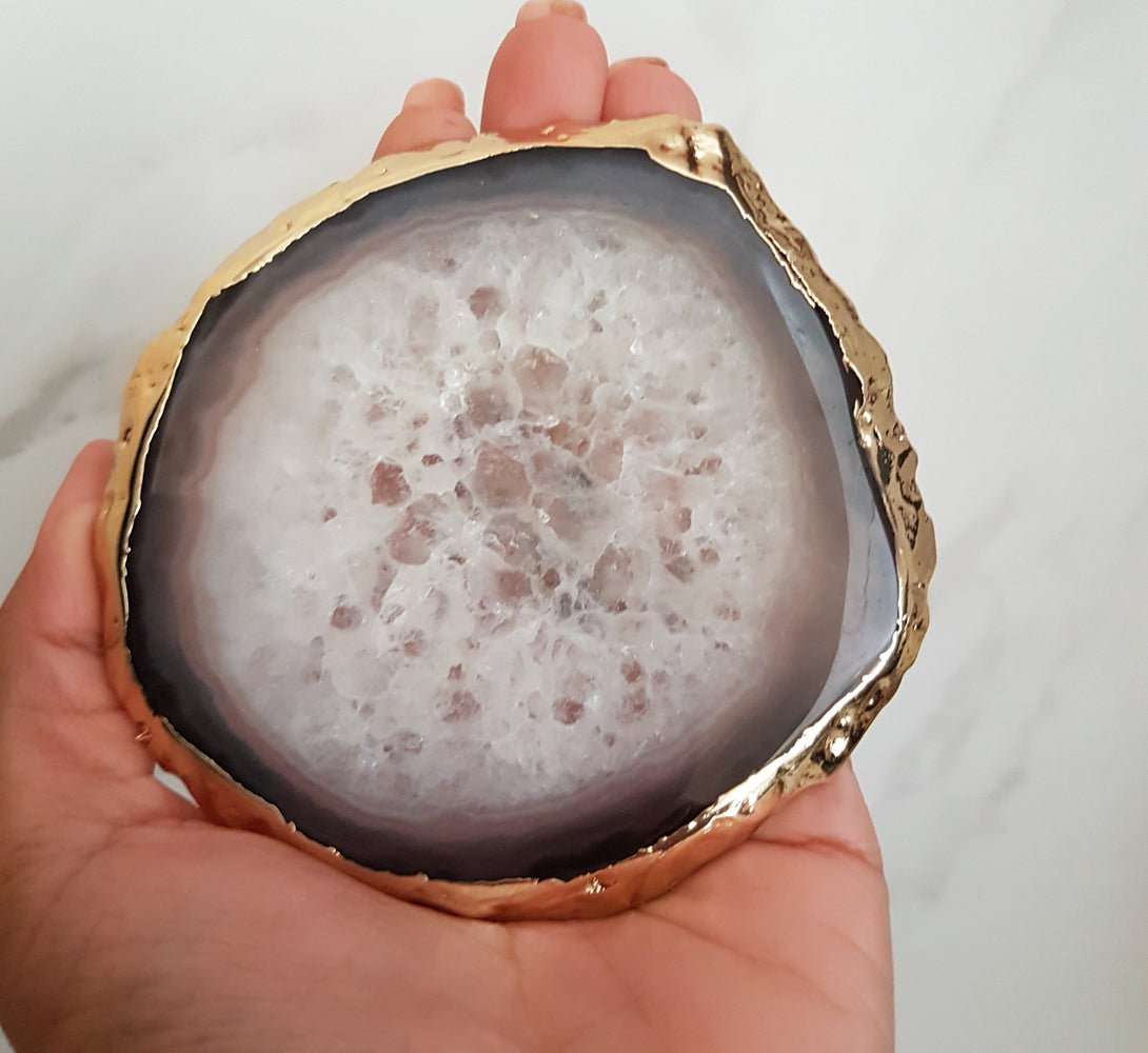 agate and quartz crystal coasters