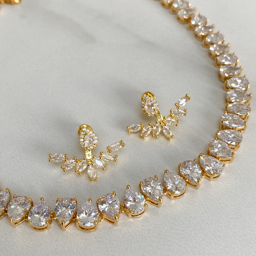 MYA Crystal Tennis Choker Necklace Jewellery Set (Silver / Gold)